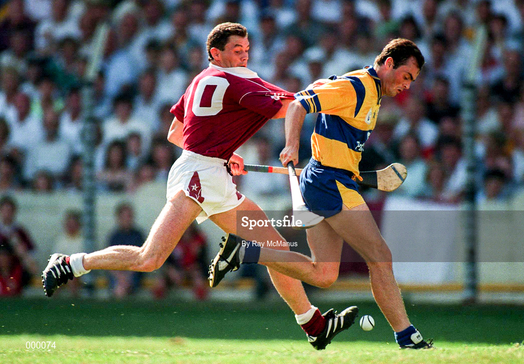 4 August 1995; Anthony Daly of Clare in action against Justin Campbell of Galway during the All-Ireland Senior Hurling Championship Semi-Final match between Clare and Galway at Croke Park in Dublin. Photo by Ray McManus/Sportsfile