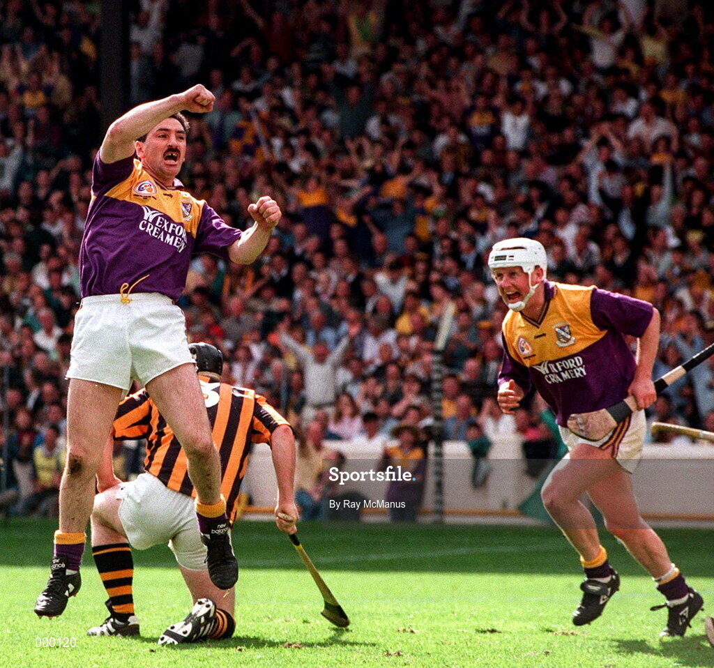 13 July 1997; Billy Byrne of Wexford celebrates scoring his late goal with team-mate Tom Dempsey, who scored Wexford's first goal against Kilkenny during the GAA Leinster Senior Hurling Championship Final match between Wexford and Kilkenny at Croke Park in Dublin. Photo by Ray McManus/Sportsfile