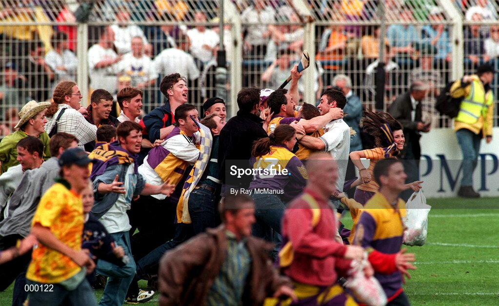 13 July 1997; Billy Byrne of Wexford, who scored his sede's second goal, is mobbed by fans at the final whistle scoring his late goal during the GAA Leinster Senior Hurling Championship Final match between Wexford and Kilkenny at Croke Park in Dublin. Photo by Ray McManus/Sportsfile