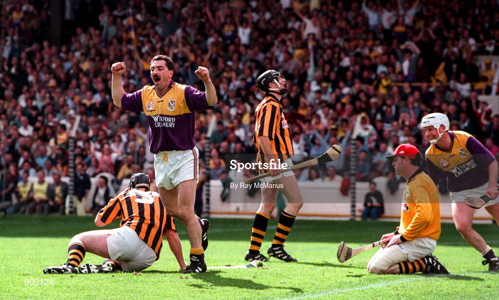 13 July 1997; Billy Byrne of Wexford celebrates scoring his late goal with team-mate Tom Dempsey, who scored Wexford's first goal against Kilkenny during the GAA Leinster Senior Hurling Championship Final match between Wexford and Kilkenny at Croke Park in Dublin. Photo by Ray McManus/Sportsfile