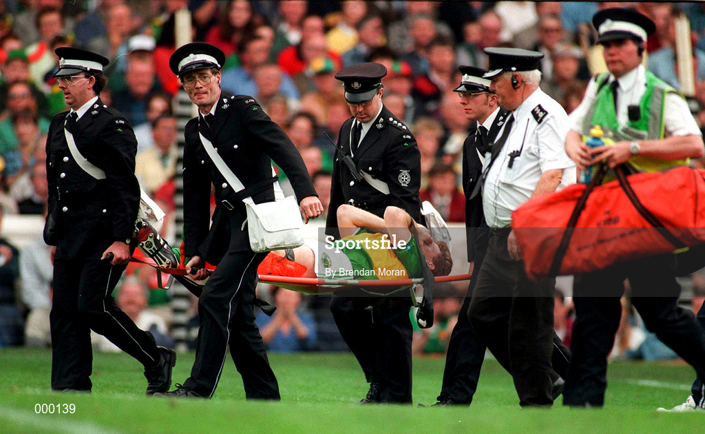 27 September 1997; Billy O'Shea of Kerry holds his hands up to his head as he is stretchered off during the GAA Football All-Ireland Senior Championship Final match between Kerry and Mayo at Croke Park in Dublin. Photo by Brendan Moran/Sportsfile