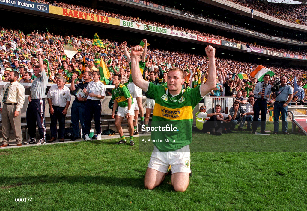 24 August 1997; Brian Clarke of Kerry celebrates in the final minutes of the GAA Football All-Ireland Senior Championship Semi-Final match between Cavan and Kerry at Croke Park in Dublin. Photo by Brendan Moran/Sportsfile