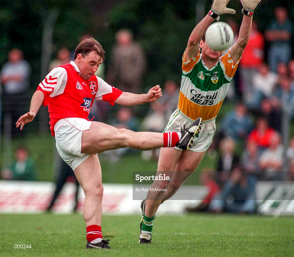 29 June 1997; Cathal O'Hanlon of Louth in action against Larry Carroll of Offaly during the Leinster GAA Senior Football Championship Semi-Final match between Offaly and Louth at Páirc Tailteann in Navan, Meath. Photo by Ray McManus/Sportsfile