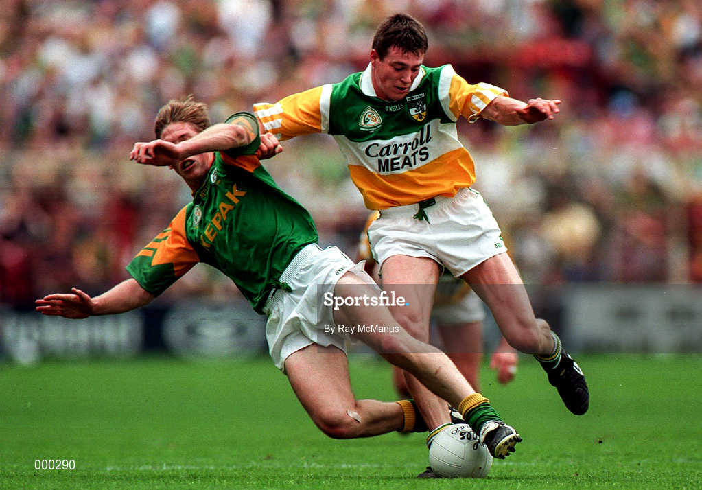 16 August 1997; Ciaran McManus of Offaly in action against Trevor Giles of Meath during the Leinster GAA Senior Football Championship Final match between Meath and Offaly at Croke Park in Dublin. Photo by Ray McManus/Sportsfile