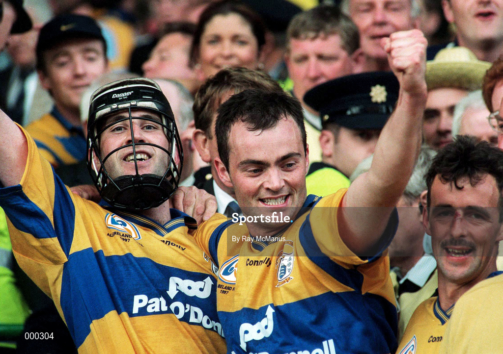 14 September 1997; Clare'a Sean McMahon celebrates with team captain Anthony Daly after the final whistle following the Guinness All Ireland Hurling Final match between Clare and Tipperary at Croke Park in Dublin. Photo by Ray McManus/Sportsfile