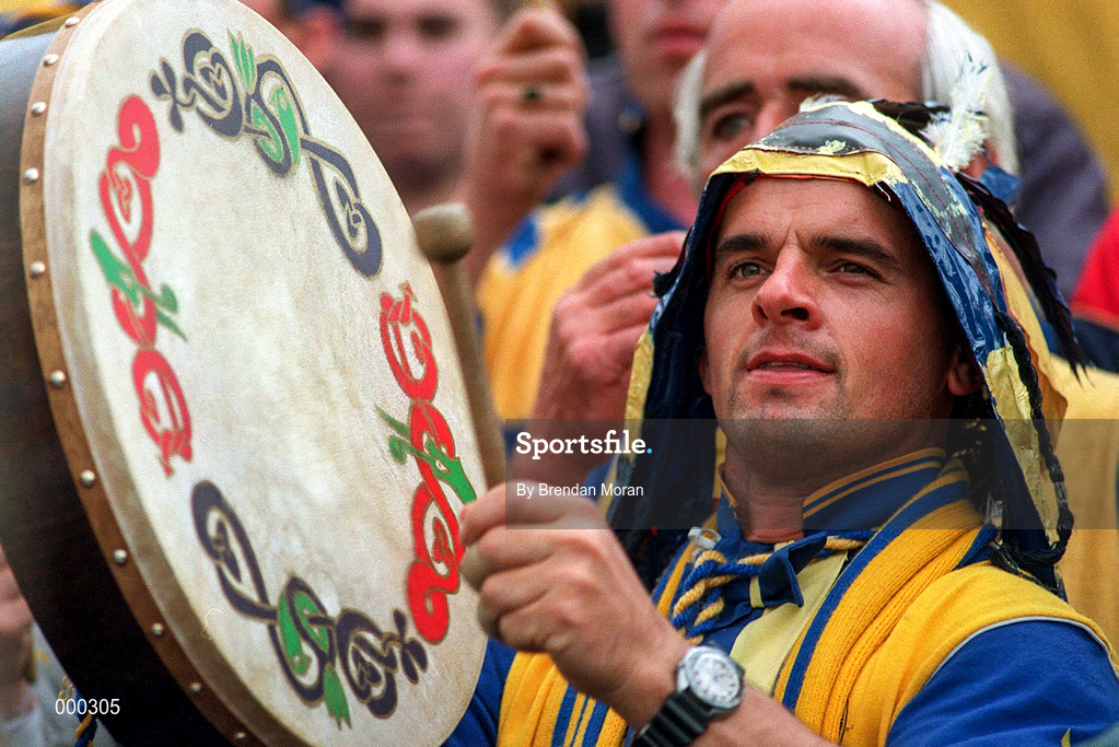 3 September 1995; A Clare fan plays a bodhran in the Canal End during the All-Ireland Senior Hurling Championship Final match between Clare and Offaly at Croke Park in Dublin. Photo by Brendan Moran/Sportsfile