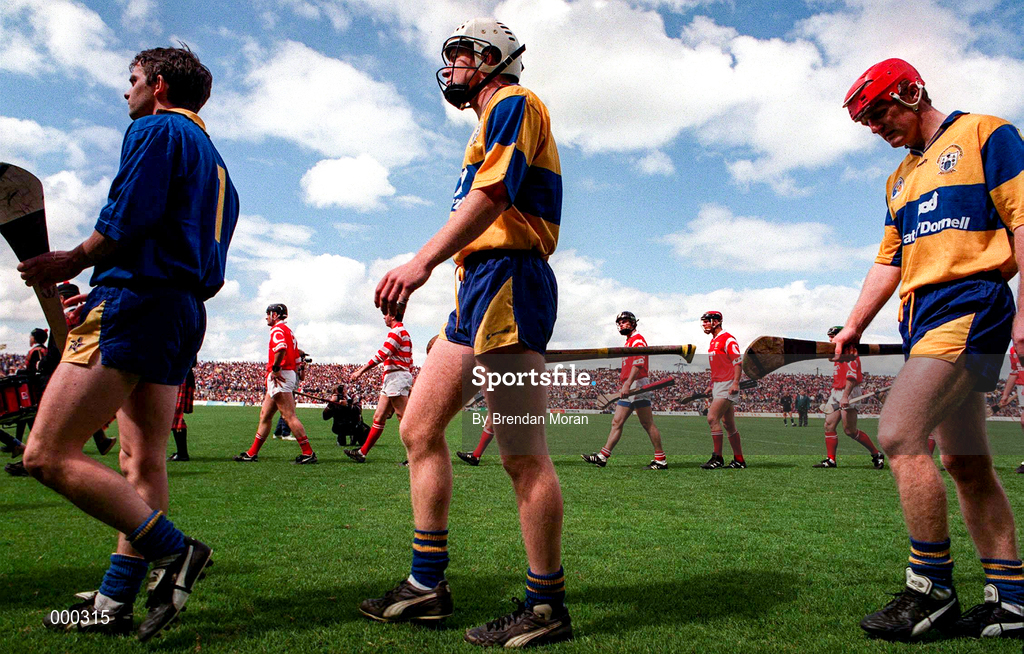 8 June 1997; Clare players from left to right David Fitzgerald, Michael O'Halloran and Brian Lohan during the GAA Munster Senior Hurling Championship Semi-Final match between Clare and Cork at the Gaelic Grounds in Limerick. Photo by Brendan Moran/Sportsfile