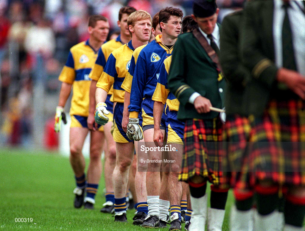 22 June 1997; Clare team march during the parade prior to the GAA Munster Senior Football Championship Semi-Final match between Clare and Cork at Cusack Park in Ennis, Co Clare. Photo by Brendan Moran/Sportsfile