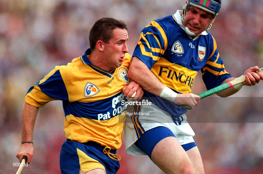 6 July 1997; Colin Lynch of Clare in action against John Leahy of Tipperary during the GAA Munster Senior Hurling Championship Final match between Clare and Tipperary at Páirc Uí Chaoimh in Cork. Photo by Ray McManus/Sportsfile