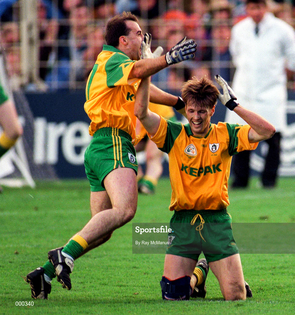29 September 1996; Colm Brady of Meath, right, celebrates with a team-mate at the final whistle after defeating Mayo in the GAA All-Ireland Senior Football Championship Final replay between Meath and Mayo at Croke Park in Dublin. Photo by Ray McManus/Sportsfile