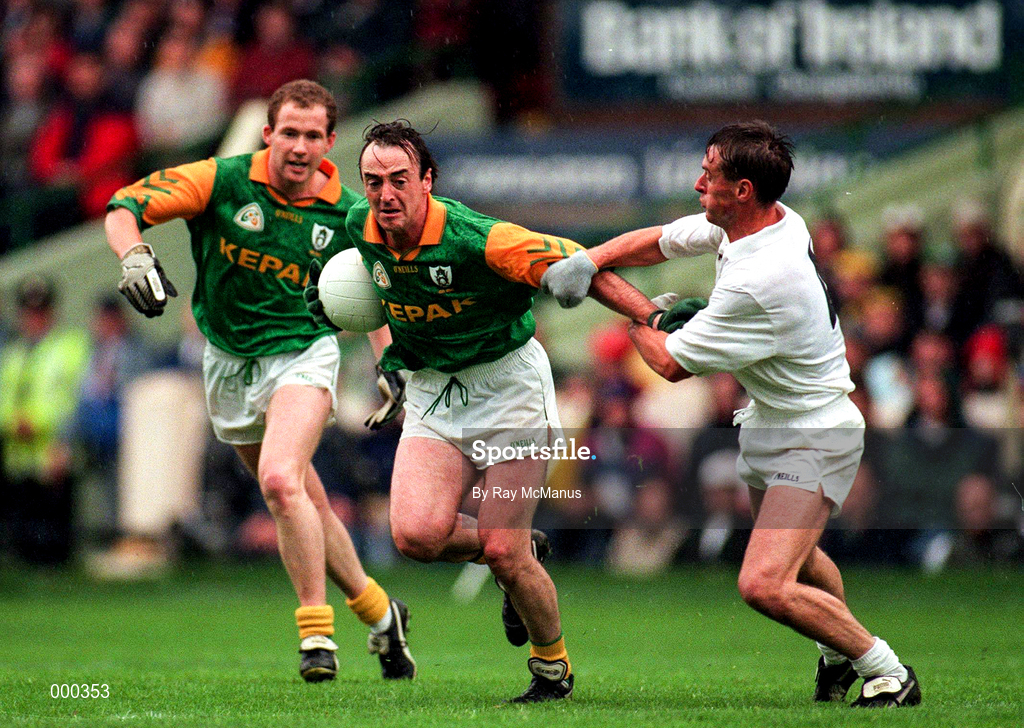 3 August 1997; Ollie Murphy, centre, and Colm Coyle of Meath in action against Seamus Dowling of Kildare during the Leinster GAA Senior Football Championship Semi-Final Second Replay match between Meath and Kildare at Croke Park in Dublin. Photo by Ray McManus/Sportsfile