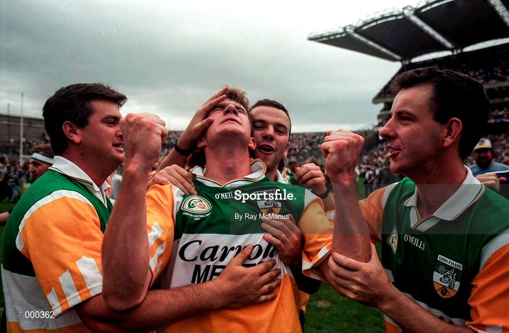 16 August 1997; Colm Quinn of Offaly celebrates with supporters following the Leinster GAA Senior Football Championship Final match between Meath and Offaly at Croke Park in Dublin. Photo by Ray McManus/Sportsfile