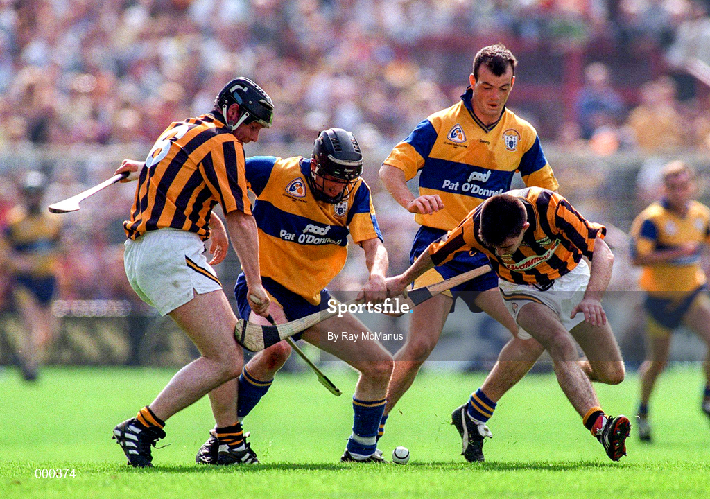 10 August 1997; Action from players, from left, Pat O'Neill of Kilkenny, Conor Clancy and Ollie baker of Clare, with Philip Larkin of Kilkenny during the GAA All-Ireland Senior Hurling Championship Semi-Final match between Clare and Kilkenny at Croke Park in Dublin. Photo by Ray McManus/Sportsfile