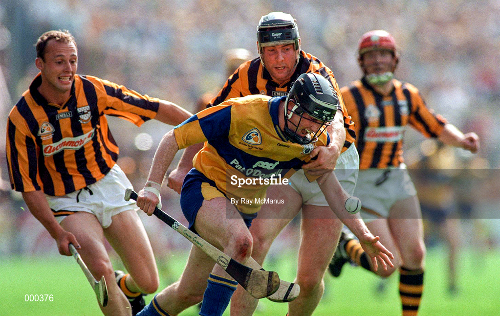10 August 1997; Conor Clancy of Clare in action against Pat O'Neill, right, with Andy Comerford of Kilkenny during the GAA All-Ireland Senior Hurling Championship Semi-Final match between Clare and Kilkenny at Croke Park in Dublin. Photo by Ray McManus/Sportsfile