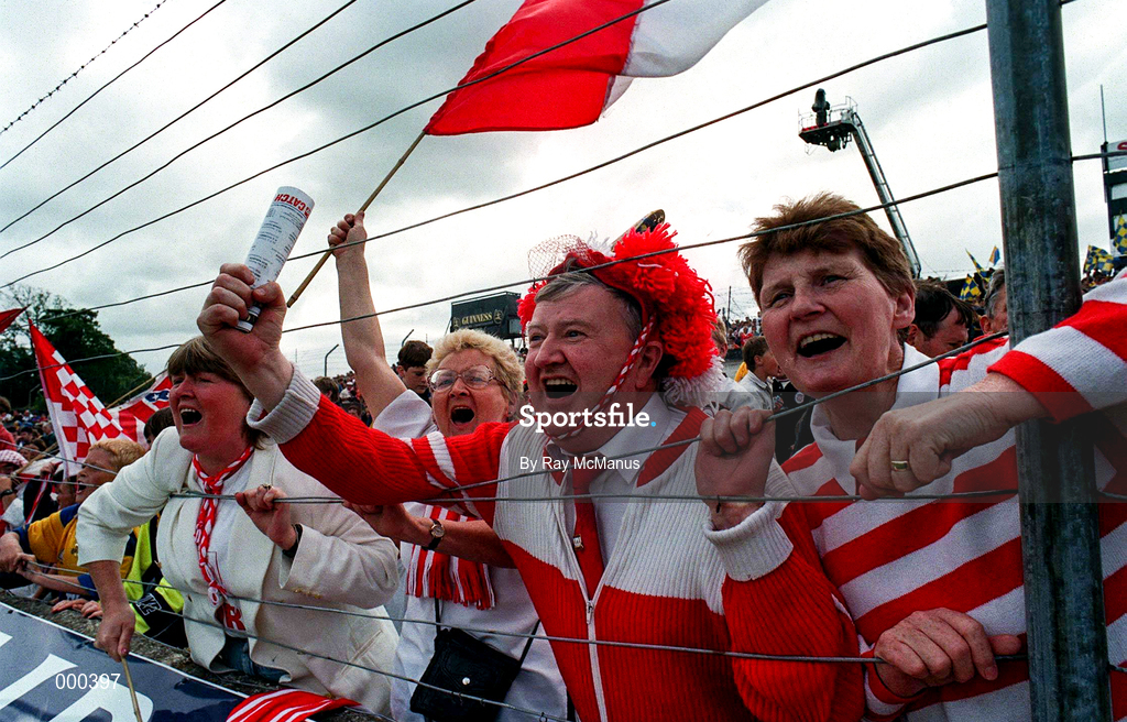 8 June 1997; Cork Supporters celebrate during the GAA Munster Senior Hurling Championship Semi-Final match between Clare and Cork at the Gaelic Grounds in Limerick. Photo by Ray McManus/Sportsfile