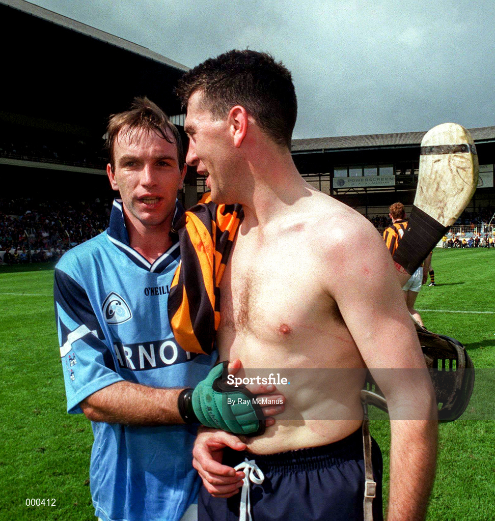 22 June 1997; D.J Carey of Kilkenny, left and wearing a Dublin jersey, with Eamonn Morrisey of Dublin after the Leinster Senior Hurling Championship Semi-Final match between Kilkenny and Dublin at Croke Park in Dublin. Photo by Ray McManus/Sportsfile