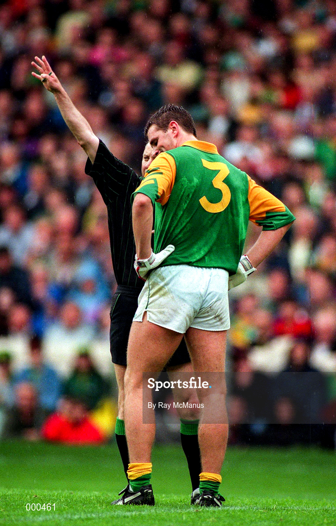 3 August 1997; Darren Fay of Meath, is sent off by referee Pat O'Toole during the Leinster GAA Senior Football Championship Semi-Final Second Replay match between Meath and Kildare at Croke Park in Dublin. Photo by Ray McManus/Sportsfile