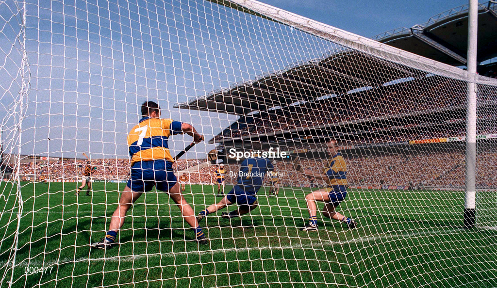 10 August 1997; David Fitzgerald of Clare saves a penalty from DJ Carey of Kilkenny during the GAA All-Ireland Senior Hurling Championship Semi-Final match between Clare and Kilkenny at Croke Park in Dublin. Photo by Brendan Moran/Sportsfile