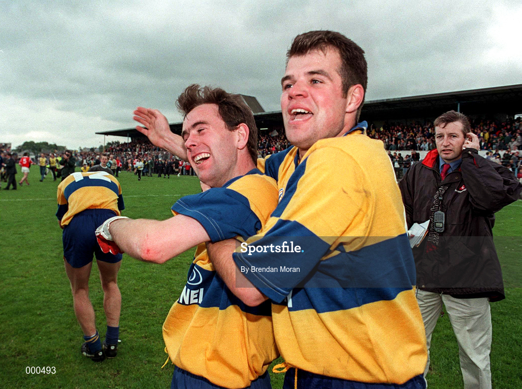 22 June 1997; David Keane of Clare, right, celebrates with team-mate John Enright after their side's last minute victory over Cork in  the GAA Munster Senior Football Championship Semi-Final match between Clare and Cork at Cusack Park in Ennis, Co Clare. Photo by Brendan Moran/Sportsfile