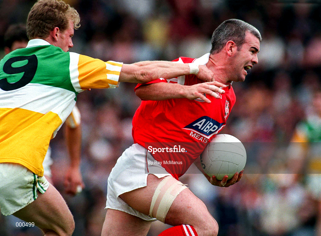 29 June 1997; David Reilly of Louth holds off the challenge of Ronan Mooney of Offaly during the Leinster GAA Senior Football Championship Semi-Final match between Offaly and Louth at Páirc Tailteann in Navan, Co Meath. Photo by Ray McManus/Sportsfile