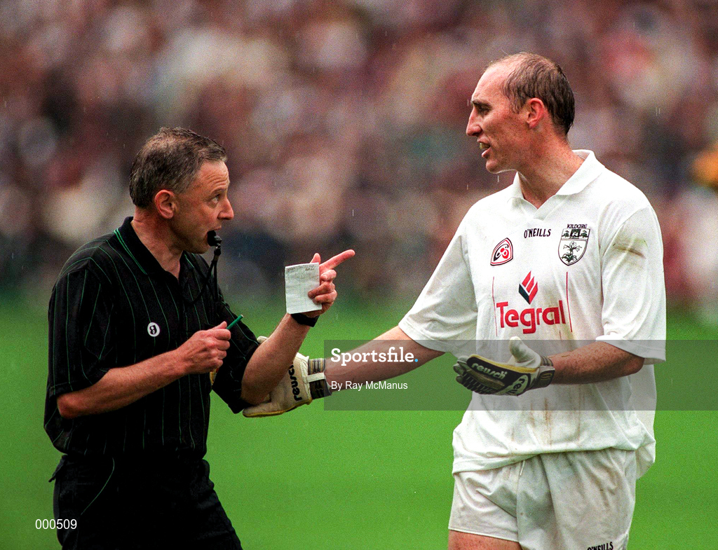 3 August 1997; Davy Dalton of Kildare, is sent off by referee Pat O'Toole. Dalton was later dismissed from the Leinster GAA Senior Football Championship Semi-Final Second Replay match between Meath and Kildare at Croke Park in Dublin. Photo by Ray McManus/Sportsfile