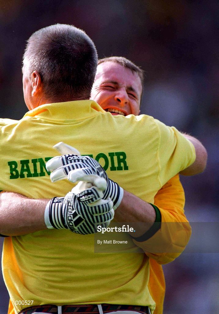 24 August 1997; Declan O'Keeffe of Kerry celebrates his side's victory with Kerry Manager Paidi O'Shea following the GAA Football All-Ireland Senior Championship Semi-Final match between Cavan and Kerry at Croke Park in Dublin. Photo by Matt Browne/Sportsfile
