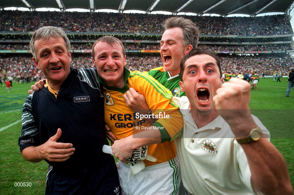 27 September 1997; Declan O'Keeffe of Kerry greets the final whistle with selector Tom O'Connor and a couple of Kerry fans following the GAA Football All-Ireland Senior Championship Final match between Kerry and Mayo at Croke Park in Dublin. Photo by David Maher/Sportsfile