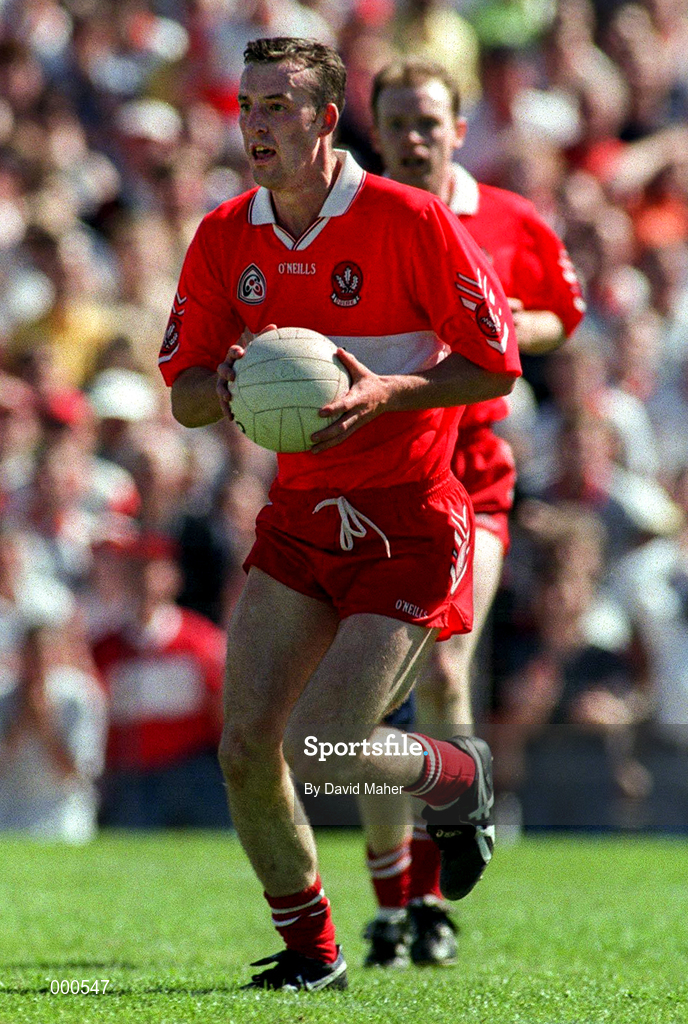 29 June 1997; Dermot Dougan of Derry during the Ulster GAA Football Senior Championship Semi-Final match between Tyrone and Derry at St. Tiernach's Park in Clones, Monaghan. Photo by David Maher/Sportsfile