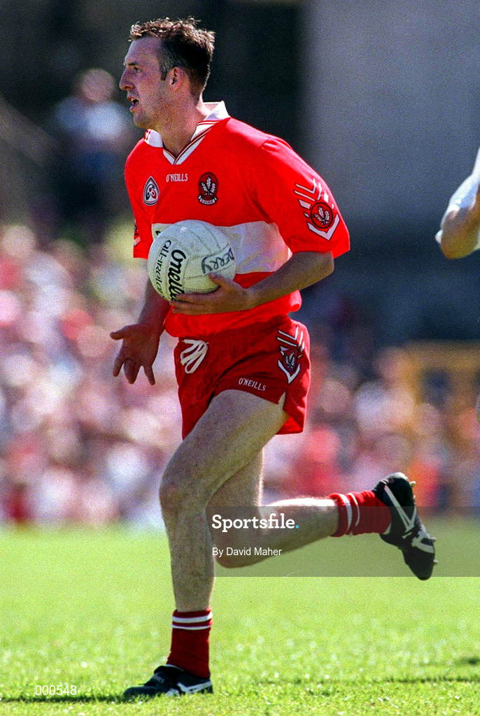 29 June 1997; Dermot Dougan of Derry during the Ulster GAA Football Senior Championship Semi-Final match between Tyrone and Derry at St. Tiernach's Park in Clones, Monaghan. Photo by David Maher/Sportsfile