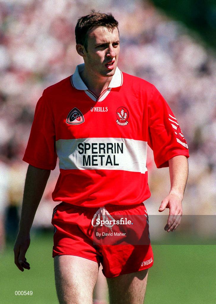 29 June 1997; Dermot Dougan of Derry during the Ulster GAA Football Senior Championship Semi-Final match between Tyrone and Derry at St. Tiernach's Park in Clones, Monaghan. Photo by David Maher/Sportsfile