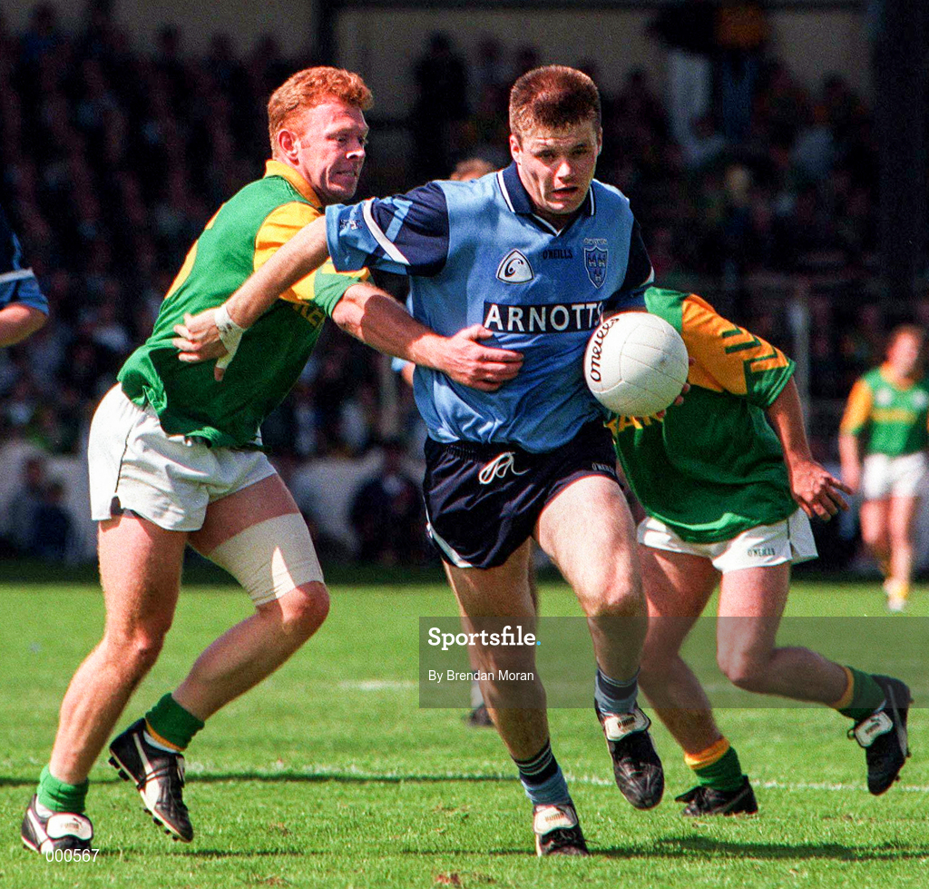 15 June 1997; Dessie Farrell of Dublin in action against Enda McManus of Meath during the Leinster GAA Senior Football Championship Quarter-Final match between Meath and Dublin at Croke Park in Dublin. Photo by Brendan Moran/Sportsfile
