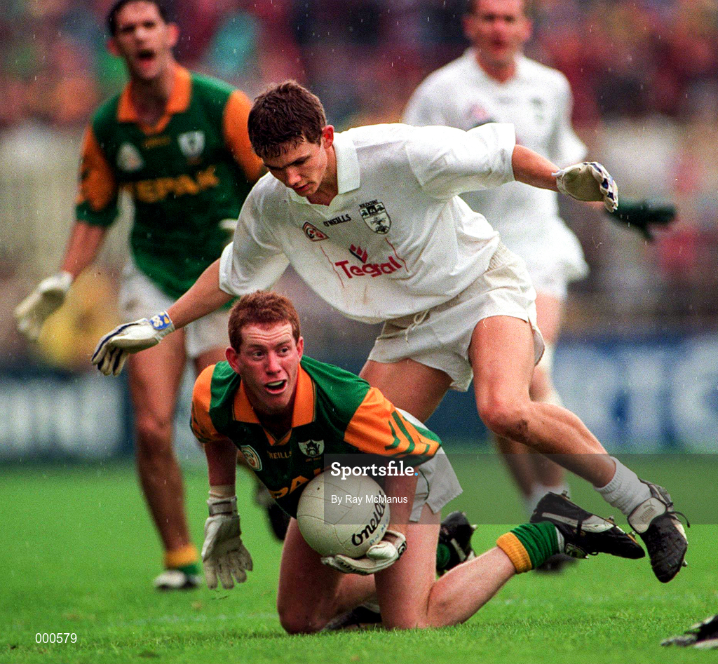 3 August 1997; Donal Curtis of Meath is put under pressure by Padraig Graven of Kildare during the Leinster GAA Senior Football Championship Semi-Final Second Replay match between Meath and Kildare at Croke Park in Dublin. Photo by Ray McManus/Sportsfile