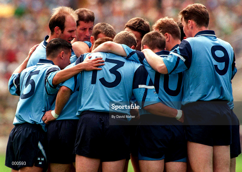 15 June 1997; Dublin team huddle during the Leinster GAA Senior Football Championship Quarter-Final match between Meath and Dublin at Croke Park in Dublin. Photo by David Maher/Sportsfile