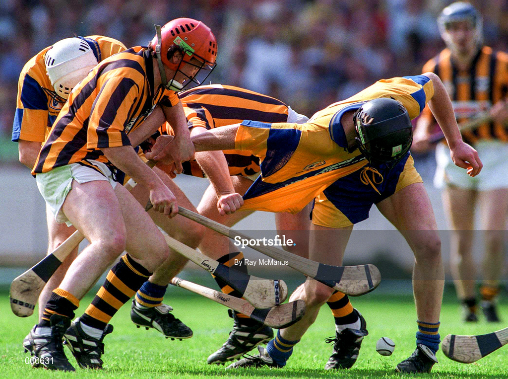 10 August 1997; Eddie O'Connor of Kilkenny in action against Niall Gilligan of Clare during the GAA All-Ireland Senior Hurling Championship Semi-Final match between Clare and Kilkenny at Croke Park in Dublin. Photo by Ray McManus/Sportsfile