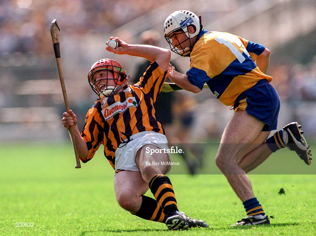 10 August 1997; Eddie O'Connor of Kilkenny in action against Ger O'Loughlin of Clare during the GAA All-Ireland Senior Hurling Championship Semi-Final match between Clare and Kilkenny at Croke Park in Dublin. Photo by Ray McManus/Sportsfile