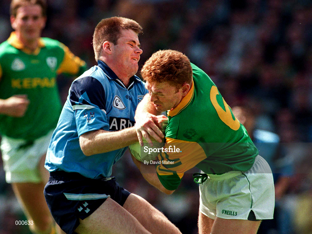 15 June 1997; Enda McManus of Meath in action against Dessie Farrell of Dublin during the Leinster GAA Senior Football Championship Quarter-Final match between Meath and Dublin at Croke Park in Dublin. Photo by David Maher/Sportsfile