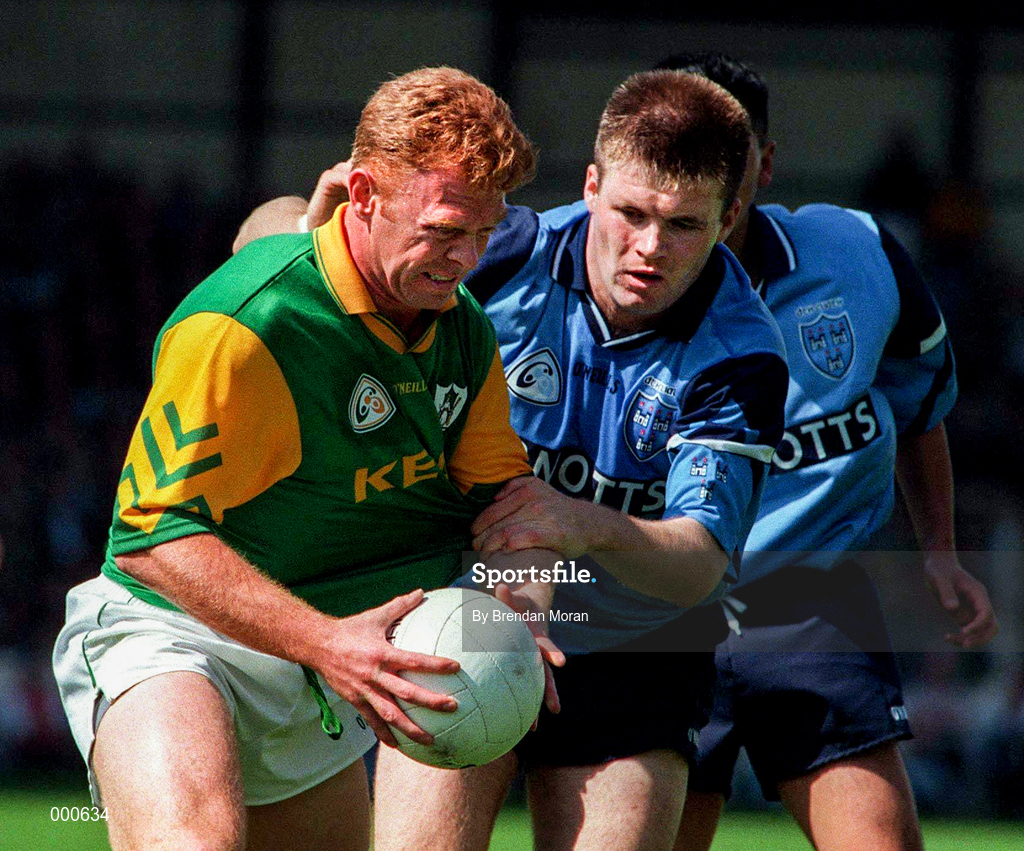 15 June 1997; Enda McManus of Meath in action against Dessie Farrell of Dublin during the Leinster GAA Senior Football Championship Quarter-Final match between Meath and Dublin at Croke Park in Dublin. Photo by Brendan Moran/Sportsfile