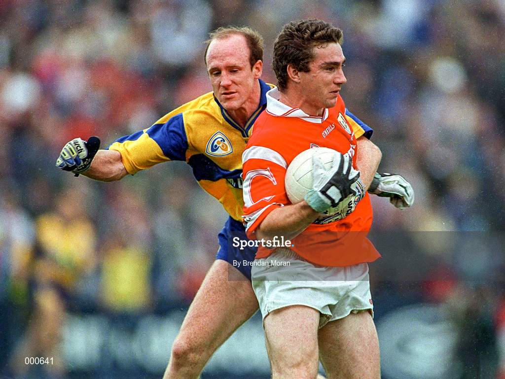 22 June 1997; Eoin Sexton of Cork in action against Donal O'Sullivan of Clare during the GAA Munster Senior Football Championship Semi-Final match between Clare and Cork at Cusack Park in Ennis, Co Clare. Photo by Brendan Moran/Sportsfile