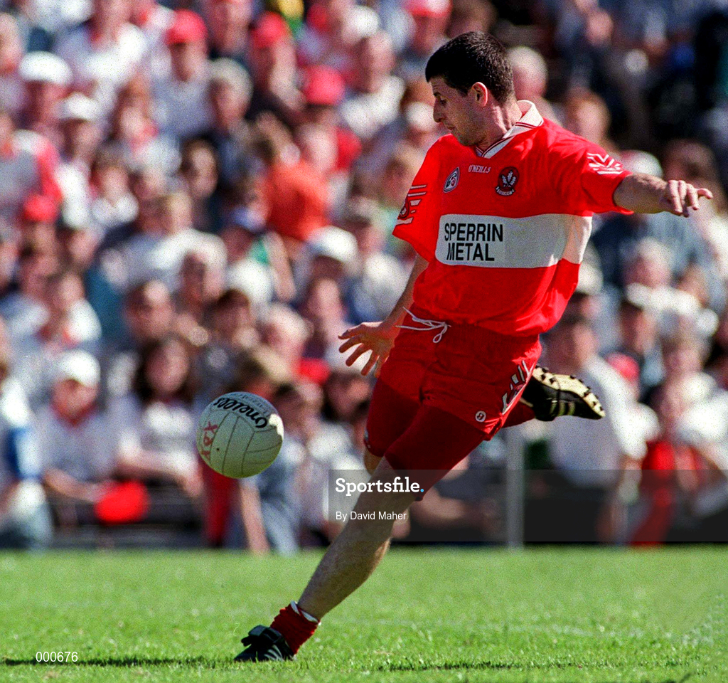 29 June 1997; Fergal McCusker of Derry during the Ulster GAA Football Senior Championship Semi-Final match between Tyrone and Derry at St. Tiernach's Park in Clones, Monaghan. Photo by David Maher/Sportsfile