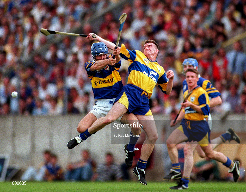 6 July 1997; Fergus Tuohy of Clare in action against Colm Bonnar of Tipperary during the GAA Munster Senior Hurling Championship Final match between Clare and Tipperary at Páirc Uí Chaoimh in Cork. Photo by Ray McManus/Sportsfile
