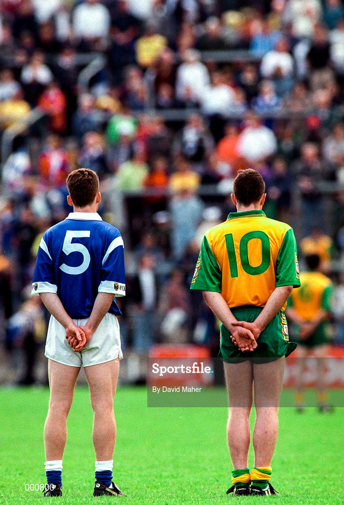 22 June 1997; Gerry Sheridan of Cavan and Adrian Sweeney of Donegal stand for the National Anthem prior to the Ulster GAA Football Senior Championship Semi-Final match between Cavan and Donegal at St Tiernach's Park in Clones, Monaghan. Photo by David Maher/Sportsfile