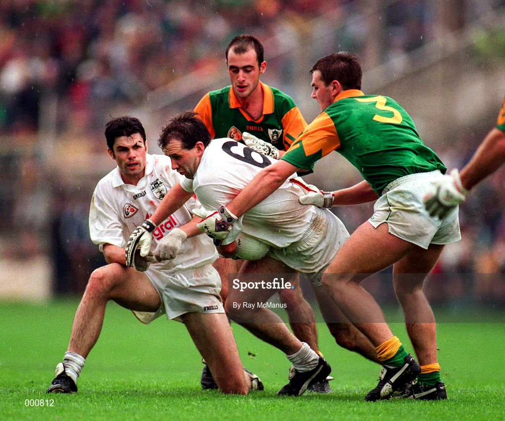 3 August 1997; Glenn Ryan of Kildare, supported by team-mate, Martin Lynch, are put under pressure by Darren Fay, 3, and Paddy Reynolds of Meath during the Leinster GAA Senior Football Championship Semi-Final Second Replay match between Meath and Kildare at Croke Park in Dublin. Photo by Ray McManus/Sportsfile