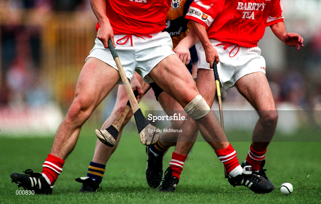 8 June 1997; A detailed view of hurling action during the GAA Munster Senior Hurling Championship Semi-Final match between Clare and Cork at the Gaelic Grounds in Limerick. Photo by Ray McManus/Sportsfile
