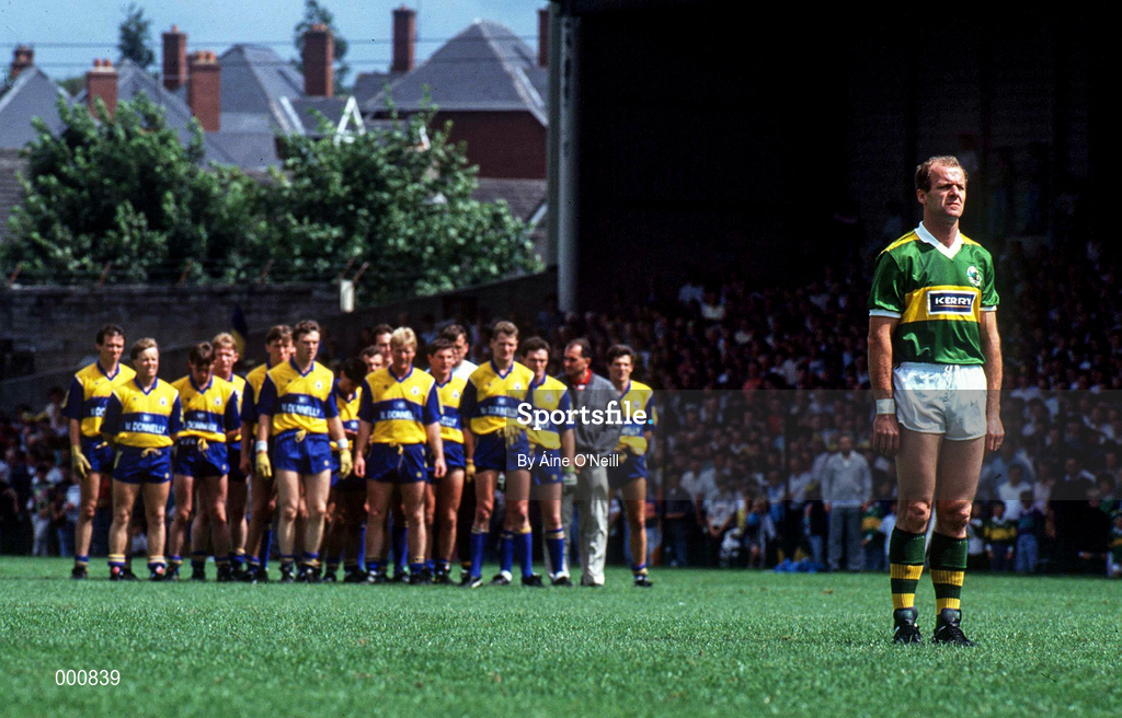 19 July 1992; Jack O'Shea of Kerry stands for the national anthem prior to the Munster Senior Football Championship Final match between Clare and Kerry at the Gaelic Grounds in Limerick. Photo by Áine O'Neill/Sportsfile