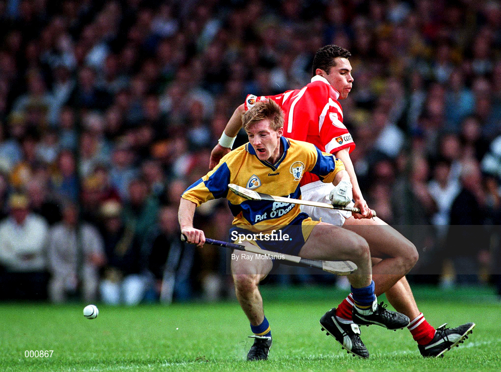 8 June 1997; James O'Connor of Clare in action against Seán Óg Ó hAilpín of Cork during the GAA Munster Senior Hurling Championship Semi-Final match between Clare and Cork at the Gaelic Grounds in Limerick. Photo by Ray McManus/Sportsfile