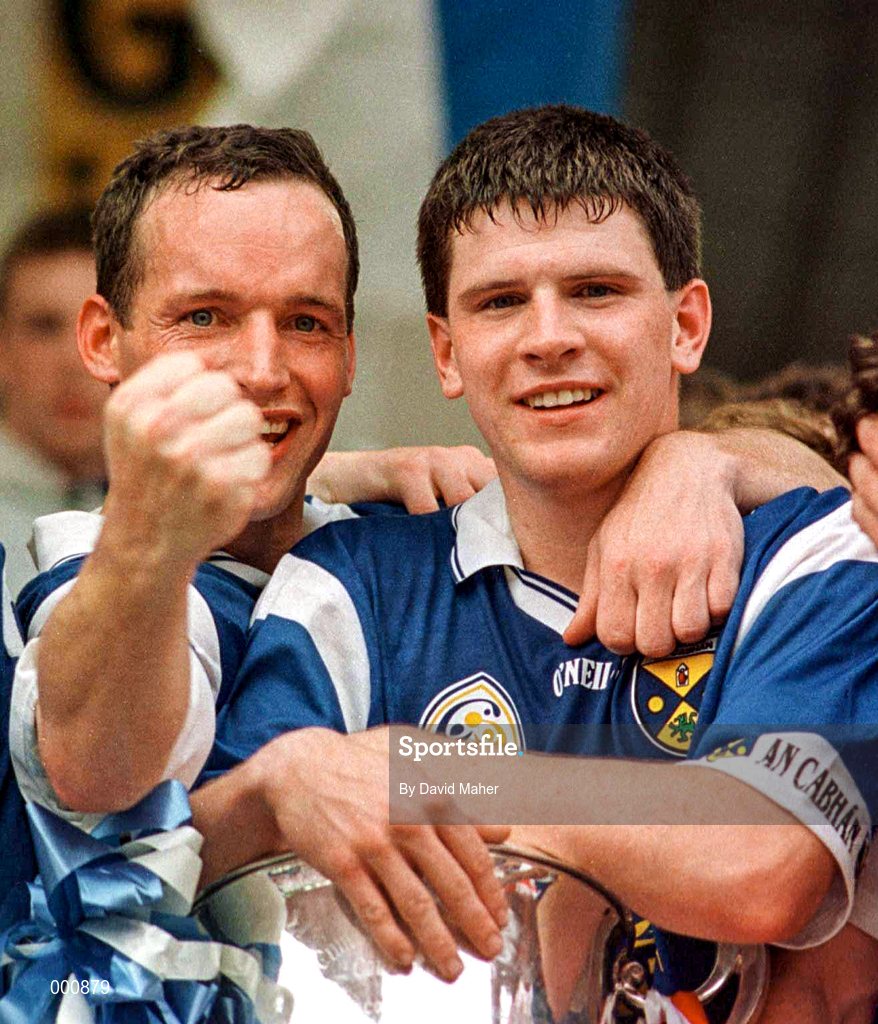 20 July 1997; Cavan players, from left, Jason Reilly who scored the winning goal, Damien Reilly and Larry Reilly celebrate following the Ulster GAA Football Senior Championship Final match between Cavan and Derry at St. Tiernach's Park in Clones, Monaghan. Photo by David Maher/Sportsfile