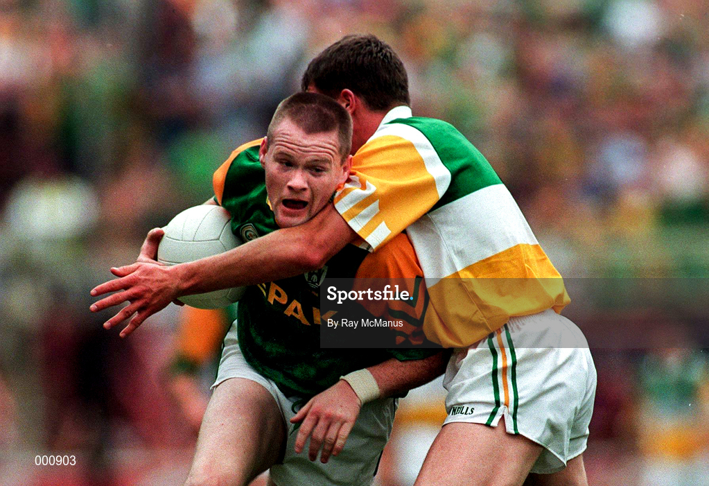 16 August 1997; Jimmy McGuinnesss of Meath in action against Ciaran McManus of Offaly during the Leinster GAA Senior Football Championship Final match between Meath and Offaly at Croke Park in Dublin. Photo by Ray McManus/Sportsfile