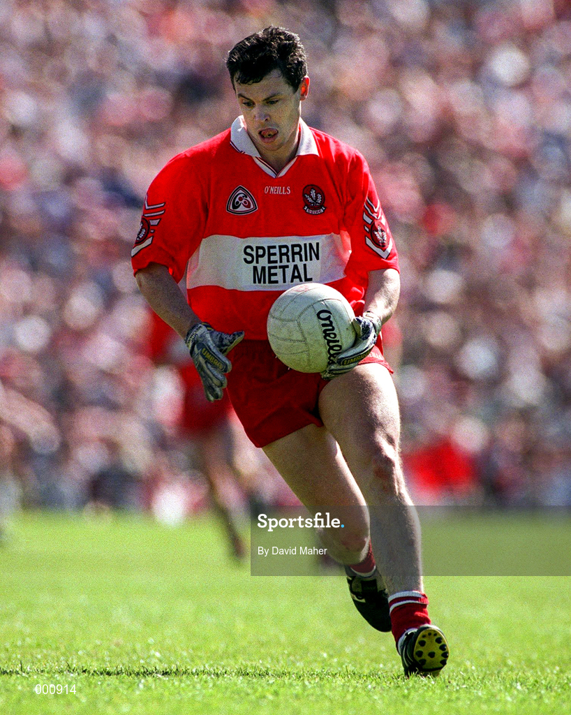 29 June 1997; Joe Brolly of Derry during the Ulster GAA Football Senior Championship Semi-Final match between Tyrone and Derry at St. Tiernach's Park in Clones, Monaghan. Photo by David Maher/Sportsfile
