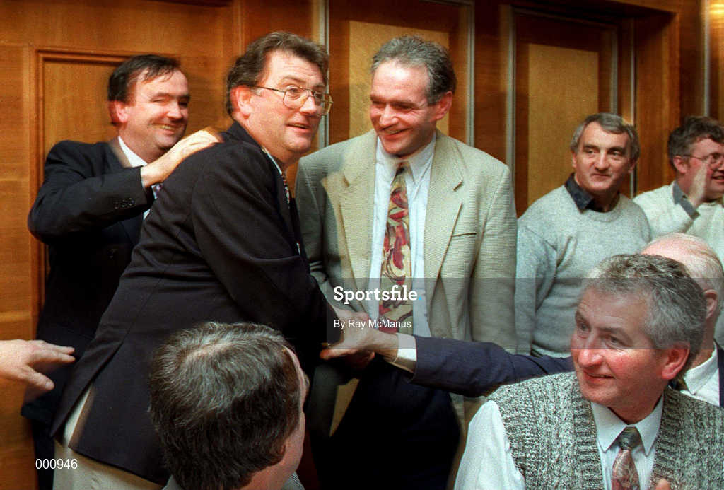 6 April 1996; Newly elected GAA President, Joe McDonagh, is congratulated by delegates after the voting, which decided him as the next president of the GAA, during the GAA Annual Congress 1996 at London in England. Photo by Ray McManus/Sportsfile