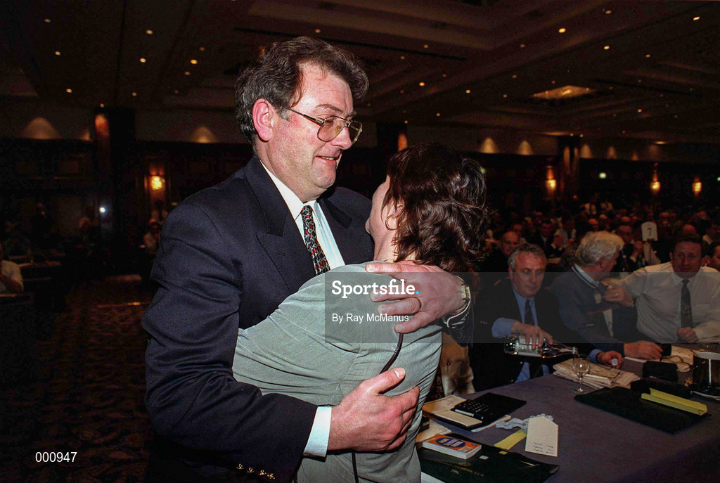 6 April 1996; Joe McDonagh is greeted by his wife Peig at the GAA Congress following the voting results which selected Joe McDonagh as the new GAA President during the GAA Annual Congress 1996 at London in England. Photo by Ray McManus/Sportsfile